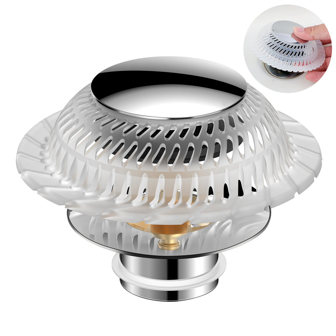 SAMODRA Bathtub Drain Stopper with Silicone Hair Catcher, 3-Layer Brass & Rust-Resistant for 1-Touch Seal & Drain, Pop-up Tub Stopper Fit for 1.45-1.8" Drain Hole