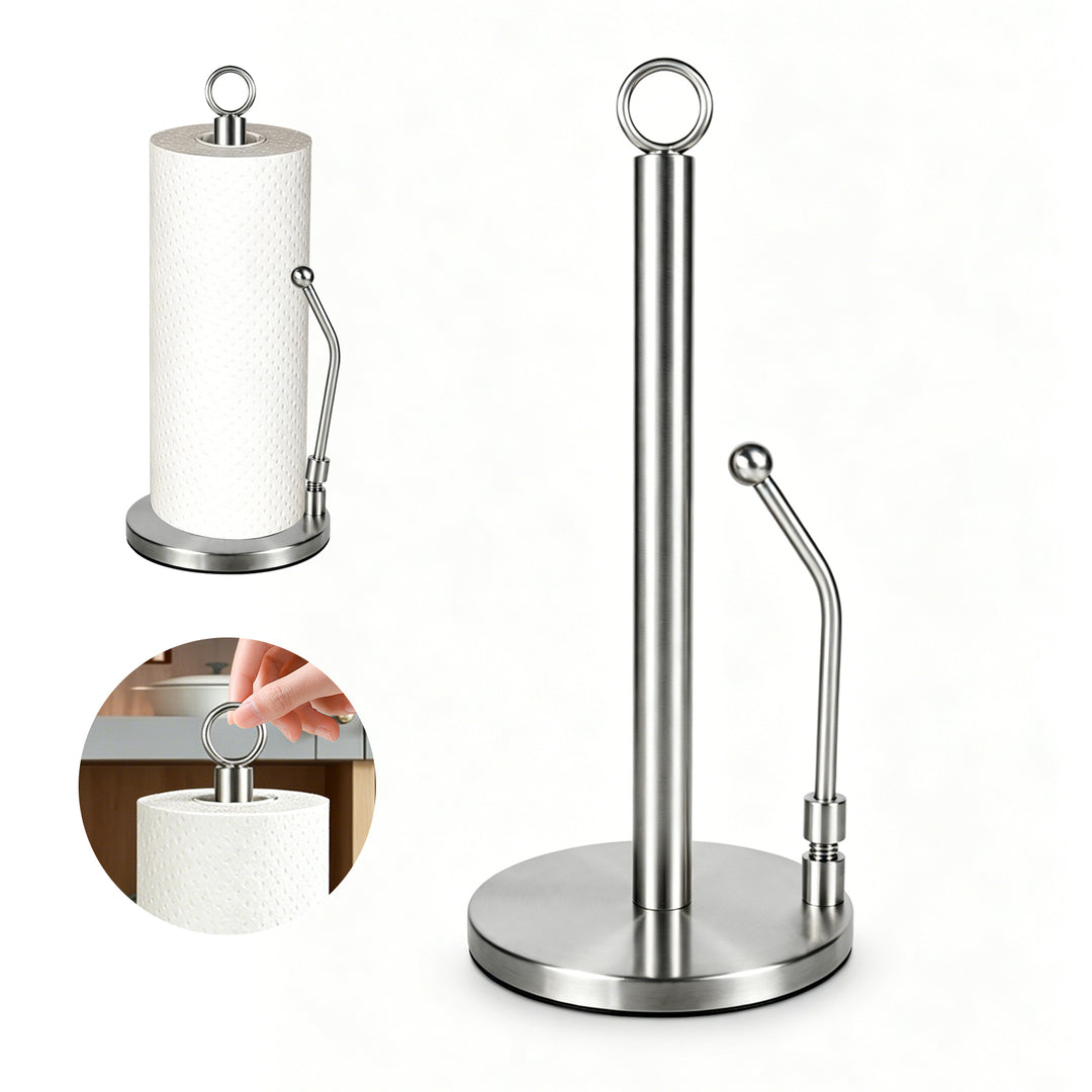 SAMODRA Paper Towel Holder, Stainless Steel Paper Towel Stand Holder, Weighted Base, Spring Arm for Easy Tear, for Home Kitchen Countertop Tabletop, Silver