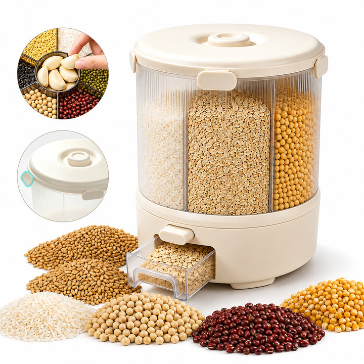 SAMODRA Rotating Grain and Rice Storage Container, 6-Compartment Glass-Like Clear Food Storage Container, One-Press 22lb Large Food Dispenser for Pantry Organization
