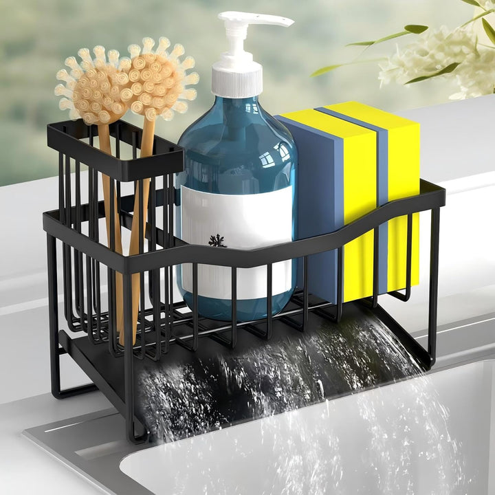 SAMODRA Black Sponge Holder for Kitchen Sink, Sink Caddy Organizer with High Brush Holder, Kitchen Sink Organizer for Sponge, Rustproof 304 Stainless Steel, Soap Dispenser Organize