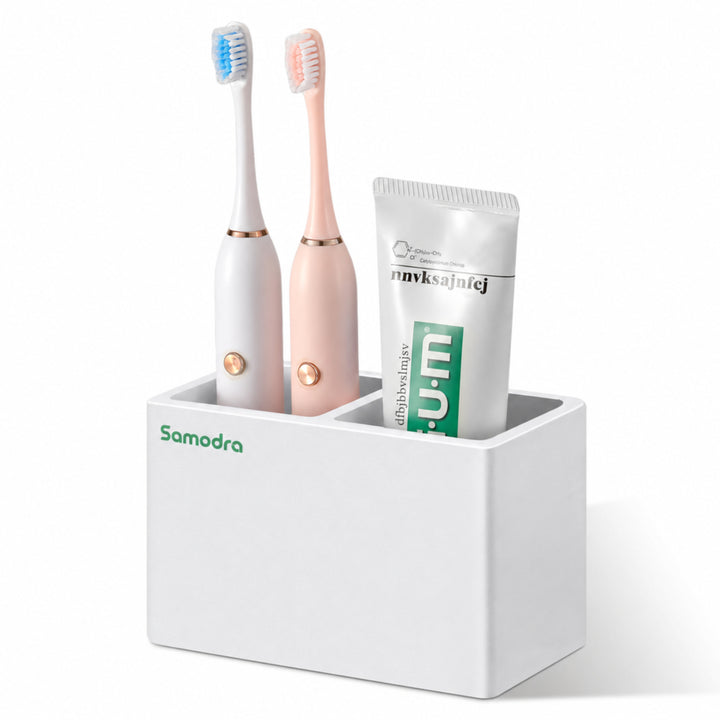 SAMODRA Marble-Pattern Quick-Dry Double Slot Toothbrush Caddy