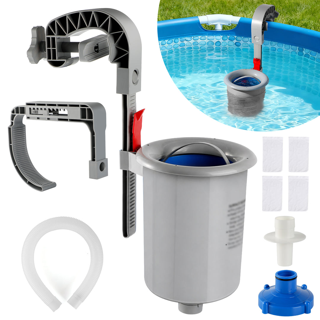 Above Ground Pool Skimmer with 4 Skimmer Socks, Floating Surface Skimmer, Wall Mount Pool Surface Skimmer with Hose and Basket, Attaches to Inflatable Collars, Tubular and Metal Frames