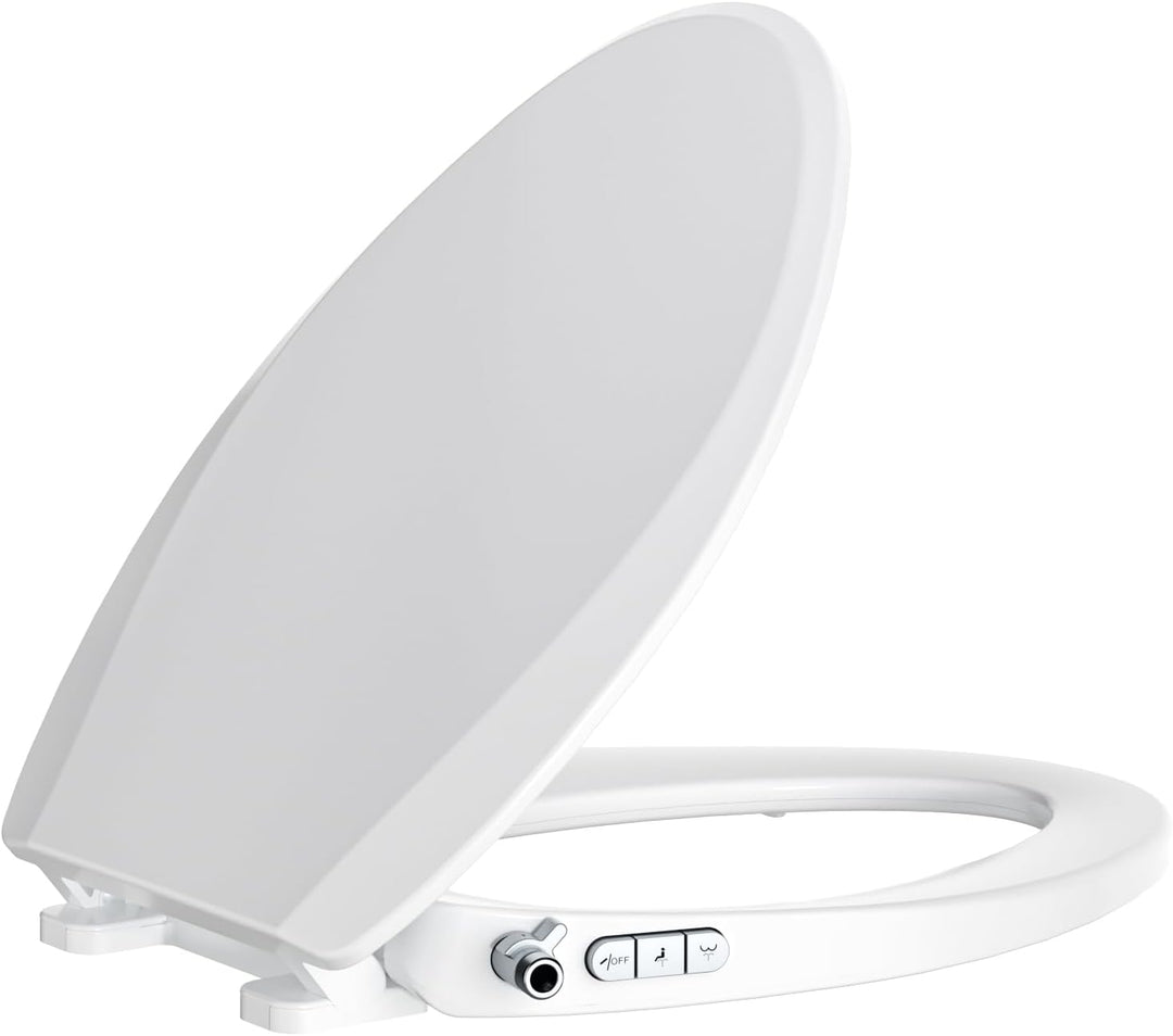 Bidet Toilet Seat, Soft Close Elongated Toilet Seat, Button control Feminine/Posterior Wash Switch, Knob Control Water Pressure,White Bidet Seat Attachment with Brass inlet