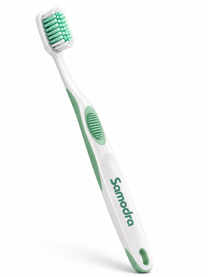 SAMODRA Manual Toothbrush, Comfortable Grip Handle, White & Green