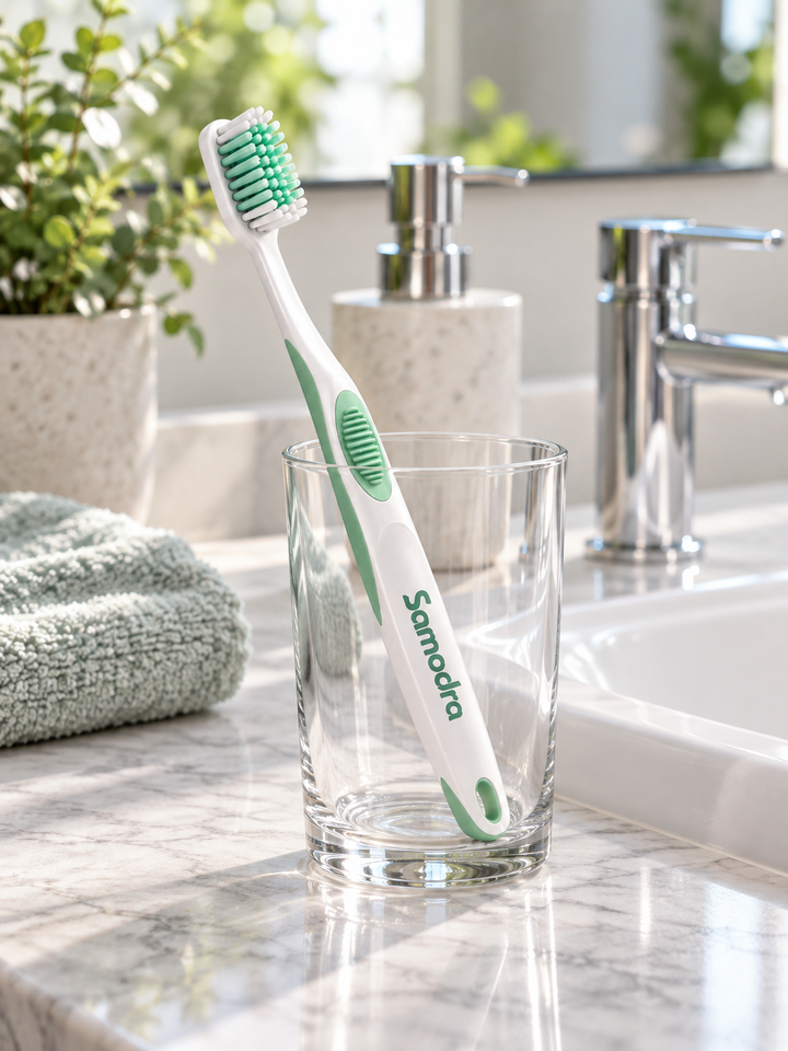 SAMODRA Manual Toothbrush, Comfortable Grip Handle, White & Green
