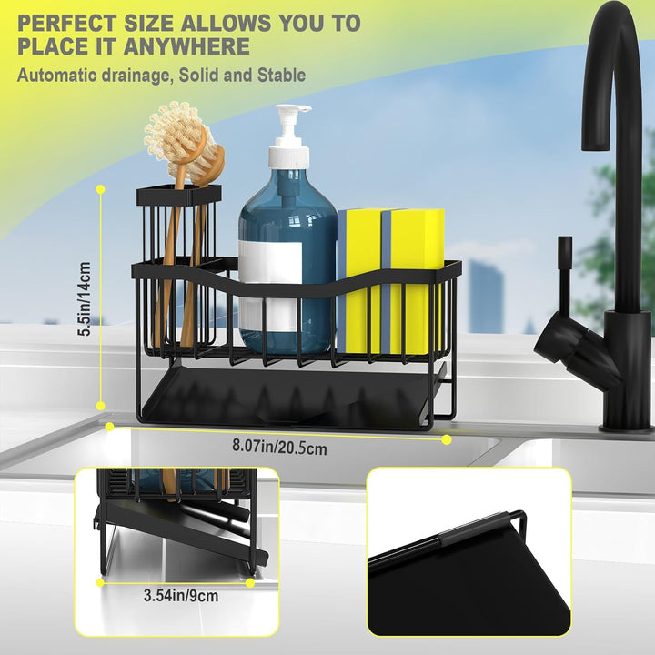 SAMODRA Black Sponge Holder for Kitchen Sink, Sink Caddy Organizer with High Brush Holder, Kitchen Sink Organizer for Sponge, Rustproof 304 Stainless Steel, Soap Dispenser Organize