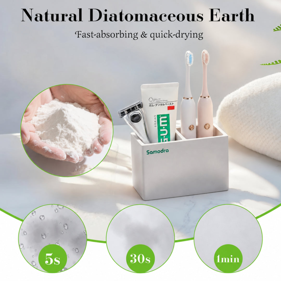 SAMODRA Marble-Pattern Quick-Dry Double Slot Toothbrush Caddy