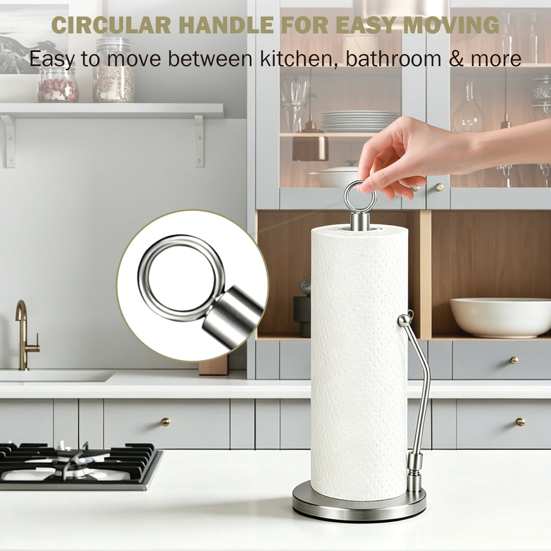 SAMODRA Paper Towel Holder, Stainless Steel Paper Towel Stand Holder, Weighted Base, Spring Arm for Easy Tear, for Home Kitchen Countertop Tabletop, Silver