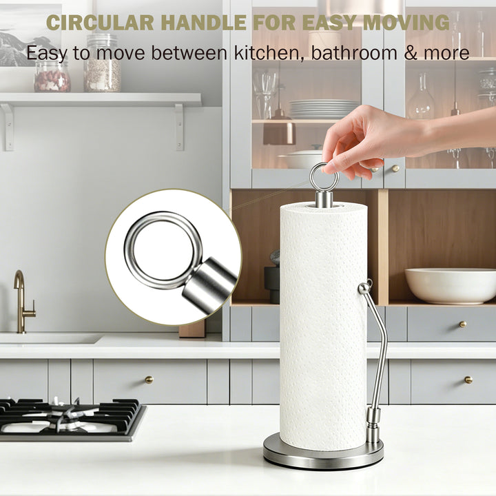 SAMODRA Paper Towel Holder, Stainless Steel Paper Towel Stand Holder, Weighted Base, Spring Arm for Easy Tear, for Home Kitchen Countertop Tabletop, Silver