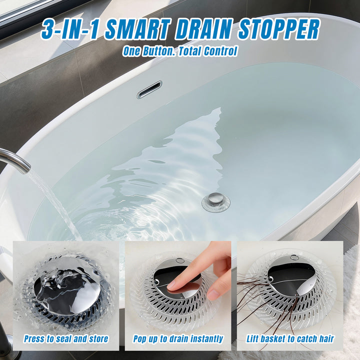 SAMODRA Bathtub Drain Stopper with Silicone Hair Catcher, 3-Layer Brass & Rust-Resistant for 1-Touch Seal & Drain, Pop-up Tub Stopper Fit for 1.45-1.8" Drain Hole
