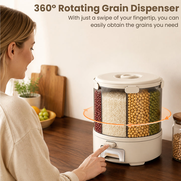 SAMODRA Rotating Grain and Rice Storage Container, 6-Compartment Glass-Like Clear Food Storage Container, One-Press 22lb Large Food Dispenser for Pantry Organization