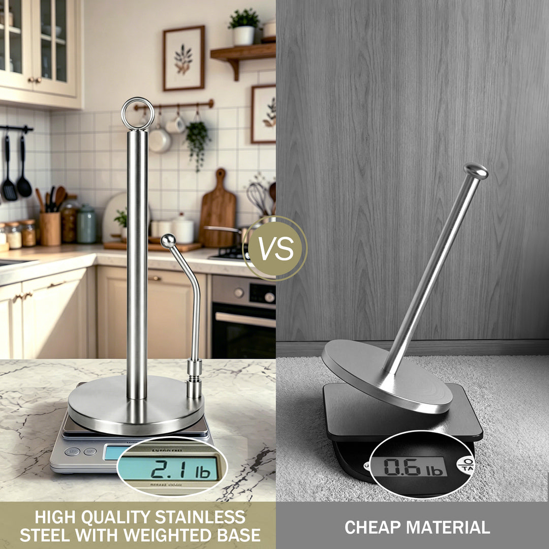 SAMODRA Paper Towel Holder, Stainless Steel Paper Towel Stand Holder, Weighted Base, Spring Arm for Easy Tear, for Home Kitchen Countertop Tabletop, Silver