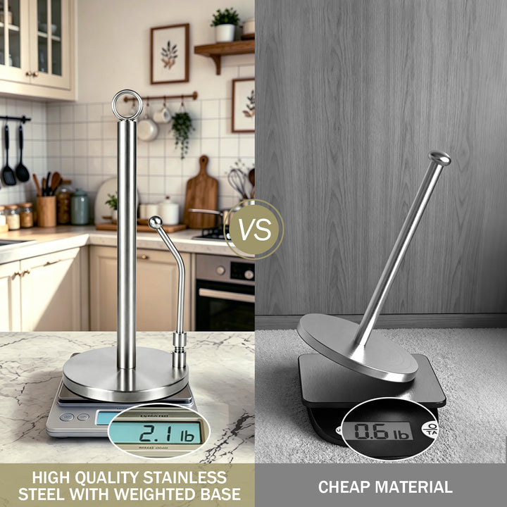 SAMODRA Paper Towel Holder, Stainless Steel Paper Towel Stand Holder, Weighted Base, Spring Arm for Easy Tear, for Home Kitchen Countertop Tabletop, Silver