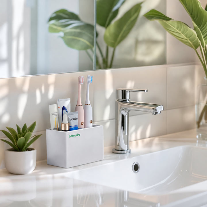 SAMODRA Marble-Pattern Quick-Dry Double Slot Toothbrush Caddy