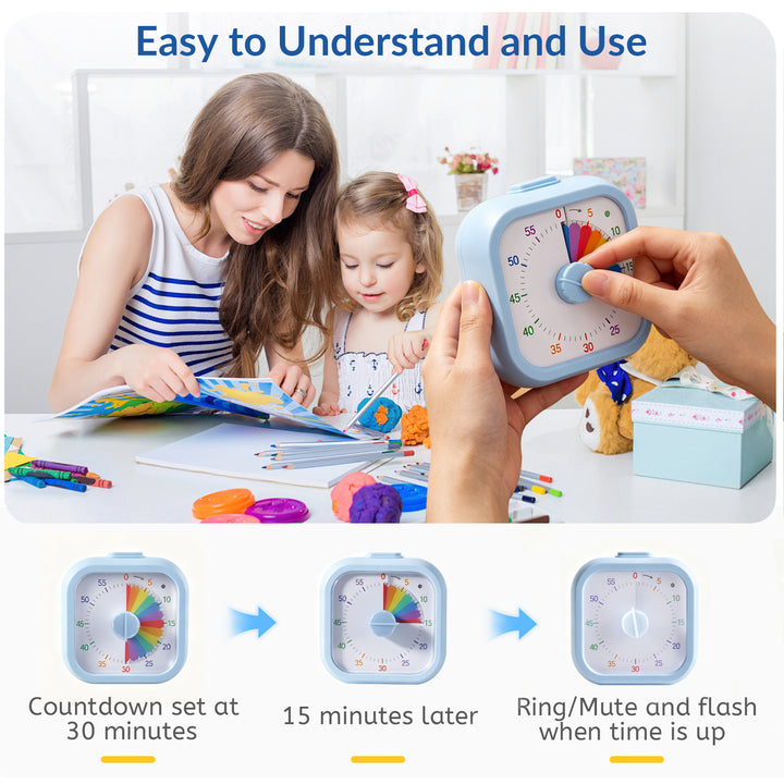 SAMODRA 60 Minute Visual Timer for Kids, Visual Countdown Timer for Classroom Office Kitchen, Timer for Kids Desk with Silent Operation (Blue Rainbow)