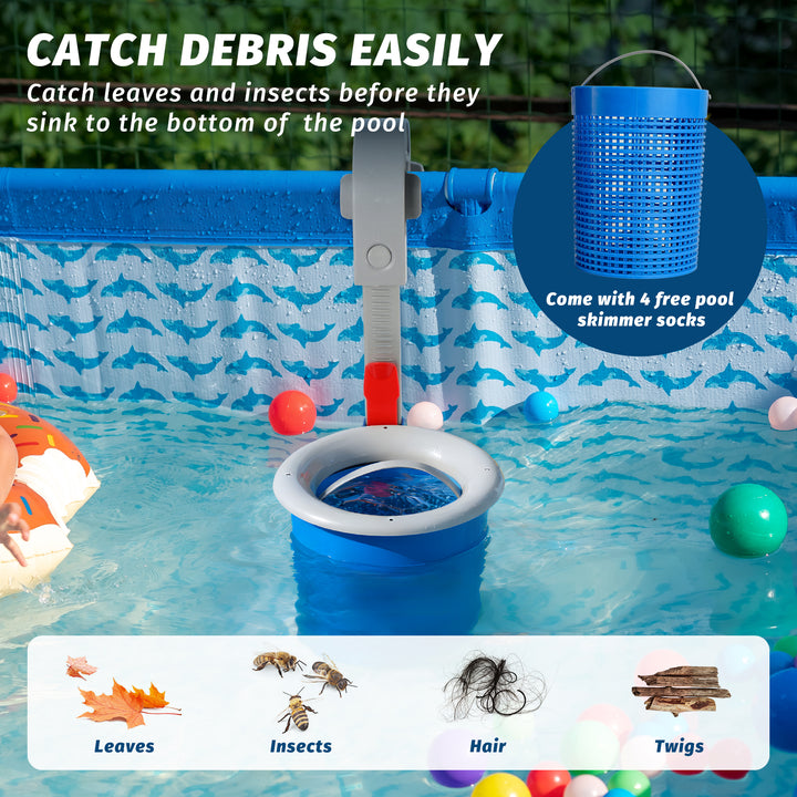 Above Ground Pool Skimmer with 4 Skimmer Socks, Floating Surface Skimmer, Wall Mount Pool Surface Skimmer with Hose and Basket, Attaches to Inflatable Collars, Tubular and Metal Frames