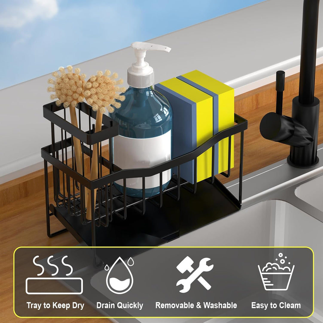 SAMODRA Black Sponge Holder for Kitchen Sink, Sink Caddy Organizer with High Brush Holder, Kitchen Sink Organizer for Sponge, Rustproof 304 Stainless Steel, Soap Dispenser Organize
