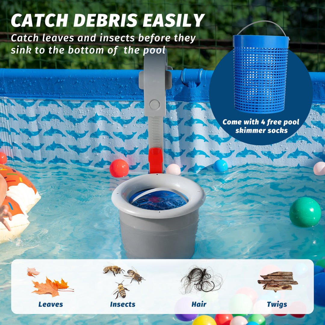 Above Ground Pool Skimmer with 4 Skimmer Socks, Floating Surface Skimmer, Wall Mount Pool Surface Skimmer with Hose and Basket, Attaches to Inflatable Collars, Tubular and Metal Frames