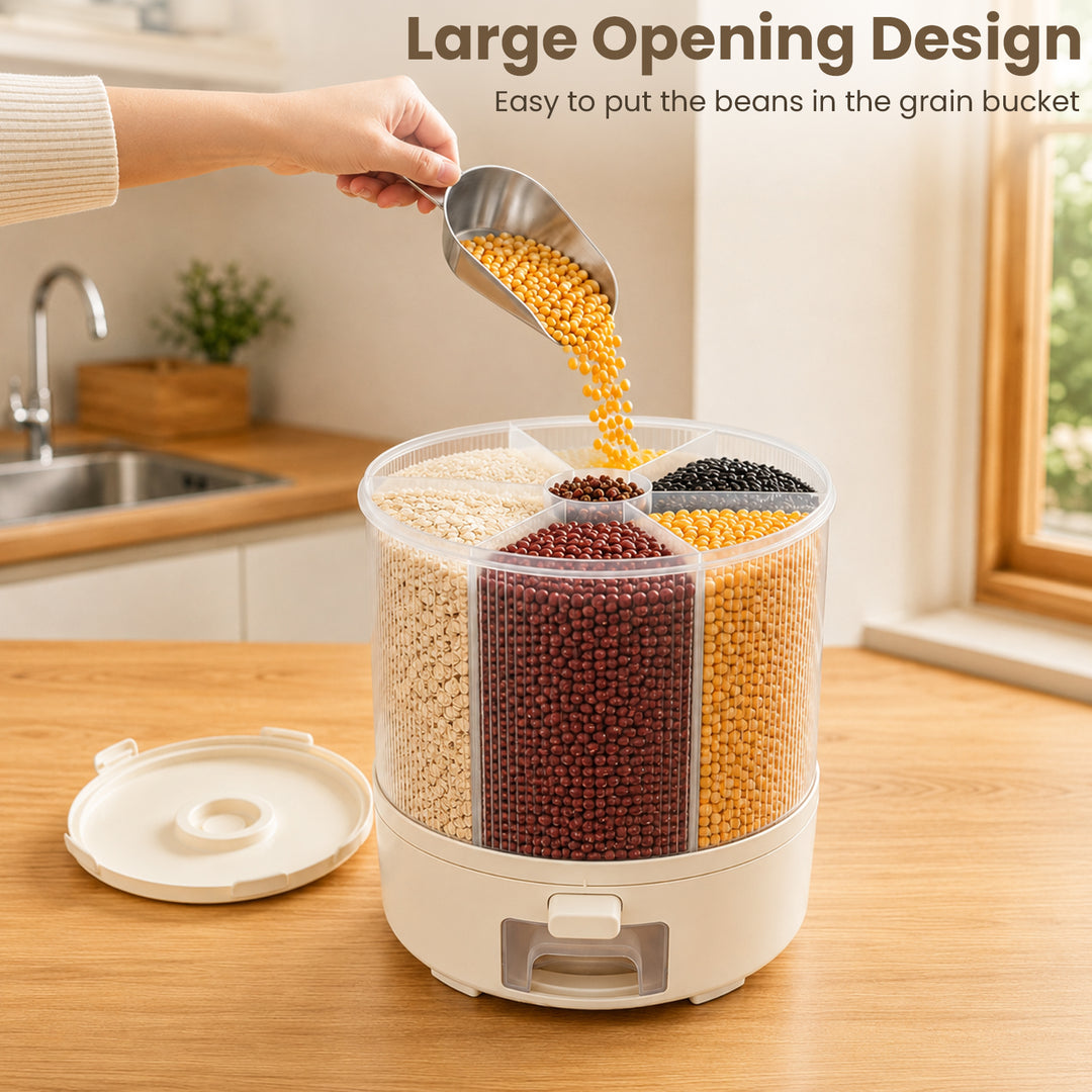 SAMODRA Rotating Grain and Rice Storage Container, 6-Compartment Glass-Like Clear Food Storage Container, One-Press 22lb Large Food Dispenser for Pantry Organization