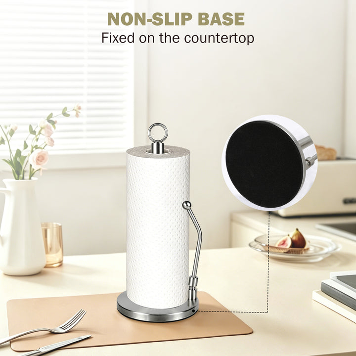 SAMODRA Paper Towel Holder, Stainless Steel Paper Towel Stand Holder, Weighted Base, Spring Arm for Easy Tear, for Home Kitchen Countertop Tabletop, Silver