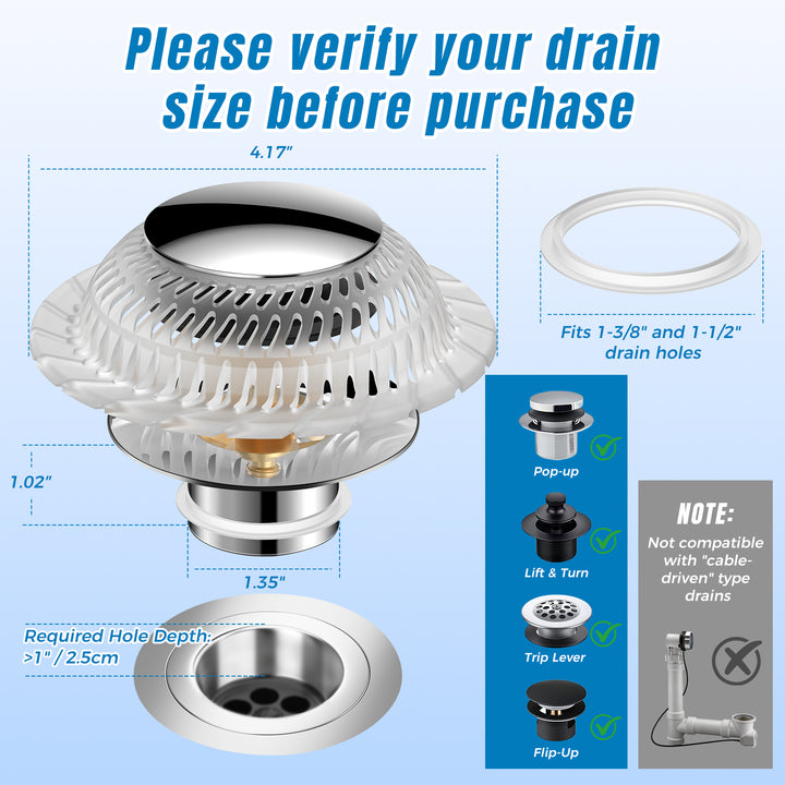 SAMODRA Bathtub Drain Stopper with Silicone Hair Catcher, 3-Layer Brass & Rust-Resistant for 1-Touch Seal & Drain, Pop-up Tub Stopper Fit for 1.45-1.8" Drain Hole