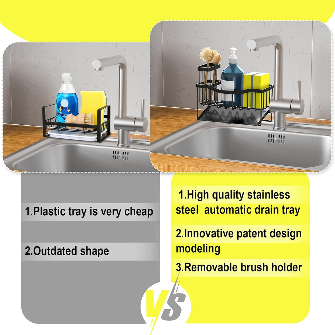 SAMODRA Black Sponge Holder for Kitchen Sink, Sink Caddy Organizer with High Brush Holder, Kitchen Sink Organizer for Sponge, Rustproof 304 Stainless Steel, Soap Dispenser Organize