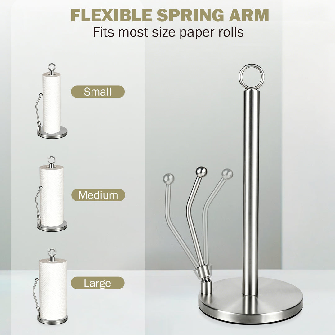SAMODRA Paper Towel Holder, Stainless Steel Paper Towel Stand Holder, Weighted Base, Spring Arm for Easy Tear, for Home Kitchen Countertop Tabletop, Silver