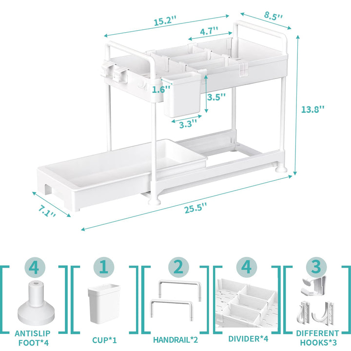 SAMODRA Under Sink Organizers and Storage, Kitchen Cabinet Storage 2 Tier Drawer Pull-able Basket Organizer Bathroom Storage Rack with Hooks, DIY Removable Dividers (White-2 Pack)