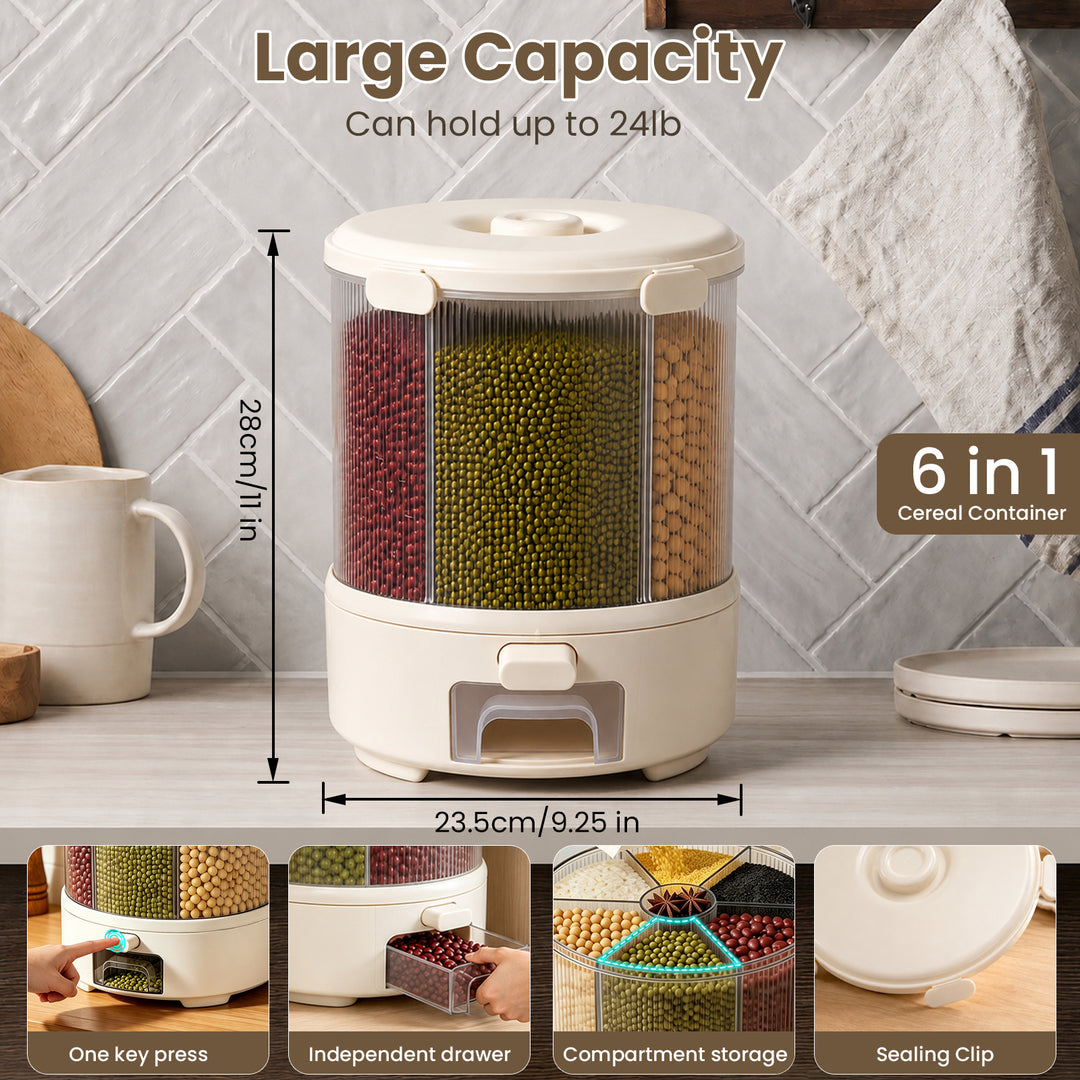 SAMODRA Rotating Grain and Rice Storage Container, 6-Compartment Glass-Like Clear Food Storage Container, One-Press 22lb Large Food Dispenser for Pantry Organization