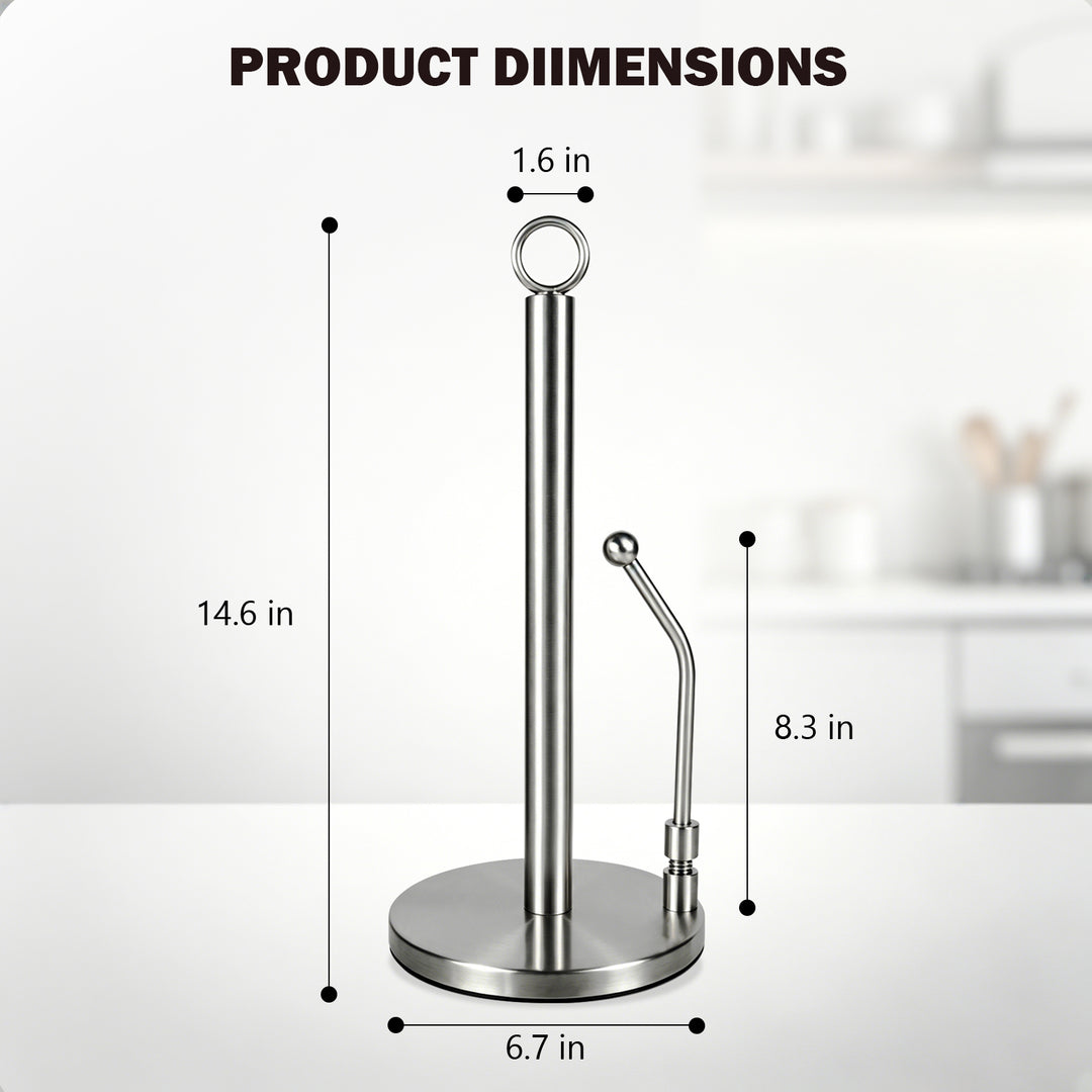 SAMODRA Paper Towel Holder, Stainless Steel Paper Towel Stand Holder, Weighted Base, Spring Arm for Easy Tear, for Home Kitchen Countertop Tabletop, Silver