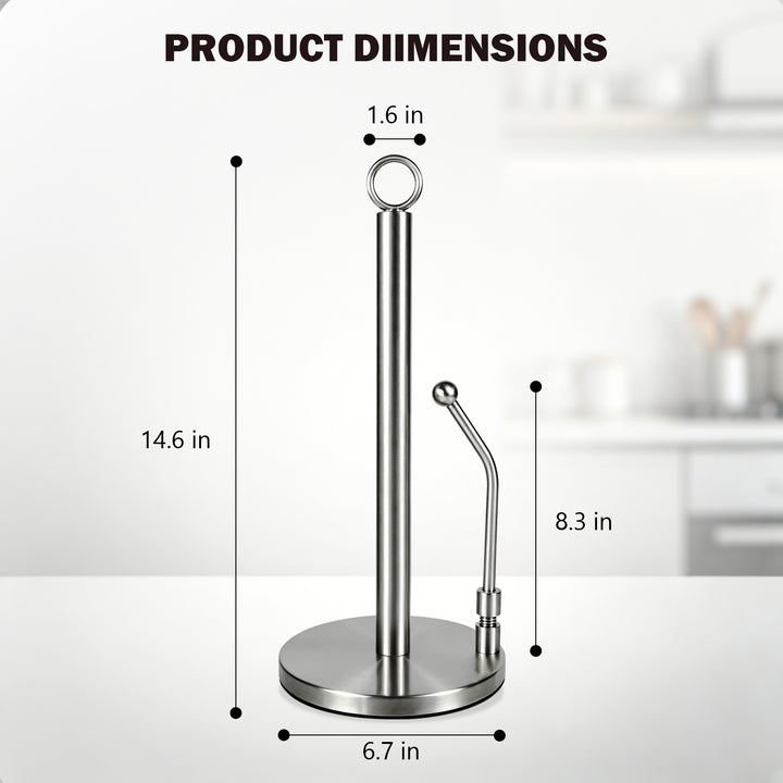 SAMODRA Paper Towel Holder, Stainless Steel Paper Towel Stand Holder, Weighted Base, Spring Arm for Easy Tear, for Home Kitchen Countertop Tabletop, Silver