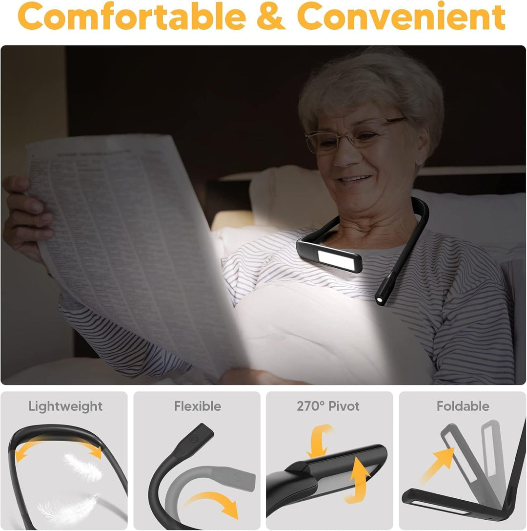 LED Neck Reading Light, Rechargeable 10-80Hrs Long Lasting Neck Light, Eye-friendly Wide Lamp Book Light with 3 Amber Colors & Stepless Dimming Reading Light, Camping Knitting Crochet Accessories