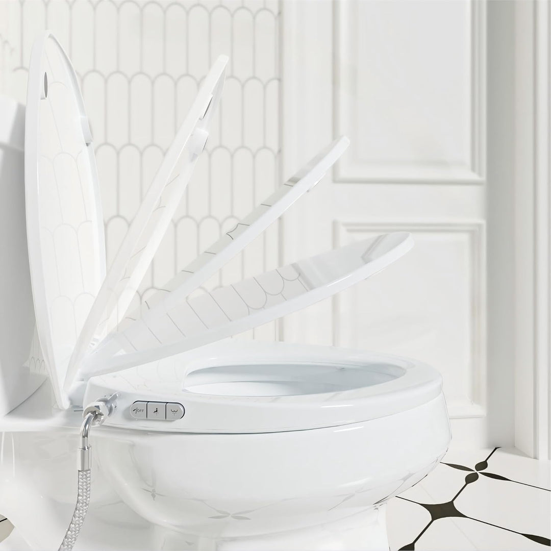 Bidet Toilet Seat, Soft Close Elongated Toilet Seat, Button control Feminine/Posterior Wash Switch, Knob Control Water Pressure,White Bidet Seat Attachment with Brass inlet