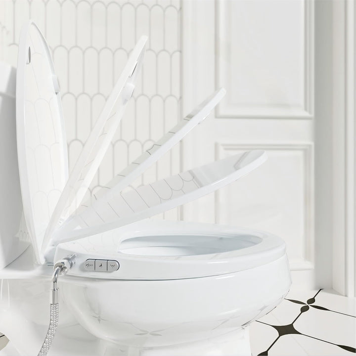 Bidet Toilet Seat, Soft Close Elongated Toilet Seat, Button control Feminine/Posterior Wash Switch, Knob Control Water Pressure,White Bidet Seat Attachment with Brass inlet