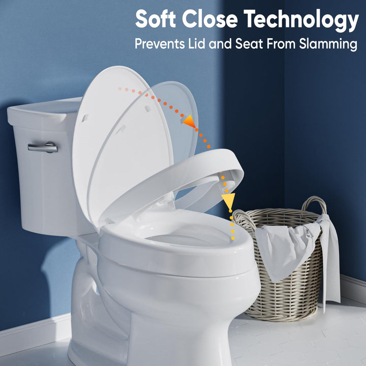 SAMODRA Raised Toilet Seat Riser, White, 3 Inch High Elevated Toilet Seat for Seniors, Soft Close, Easy Install & Clean