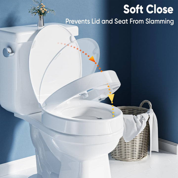 SAMODRA Raised Toilet Seat Riser, White, 3 Inch High Elevated Toilet Seat for Seniors, Soft Close, Easy Install & Clean