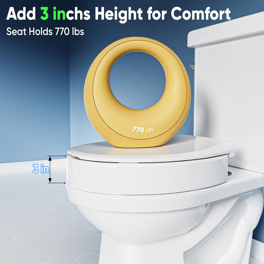 SAMODRA Raised Toilet Seat Riser, White, 3 Inch High Elevated Toilet Seat for Seniors, Soft Close, Easy Install & Clean
