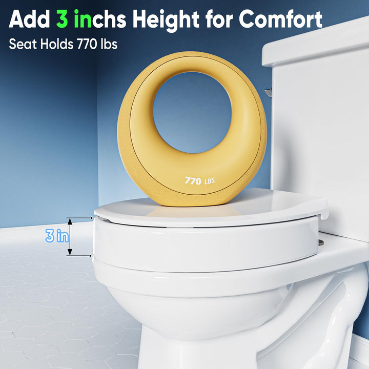 SAMODRA Raised Toilet Seat Riser, White, 3 Inch High Elevated Toilet Seat for Seniors, Soft Close, Easy Install & Clean
