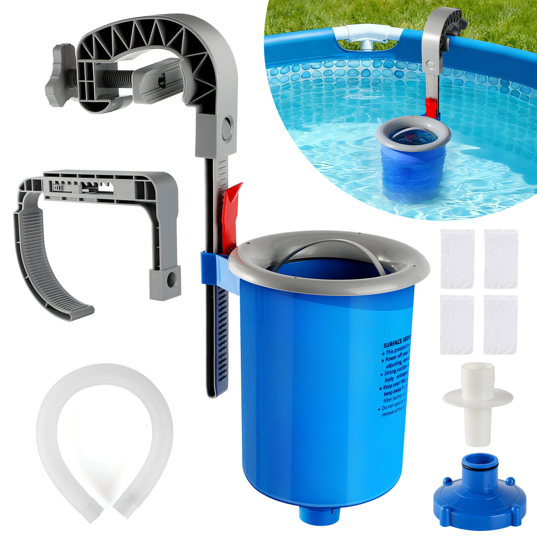 Above Ground Pool Skimmer with 4 Skimmer Socks, Floating Surface Skimmer, Wall Mount Pool Surface Skimmer with Hose and Basket, Attaches to Inflatable Collars, Tubular and Metal Frames
